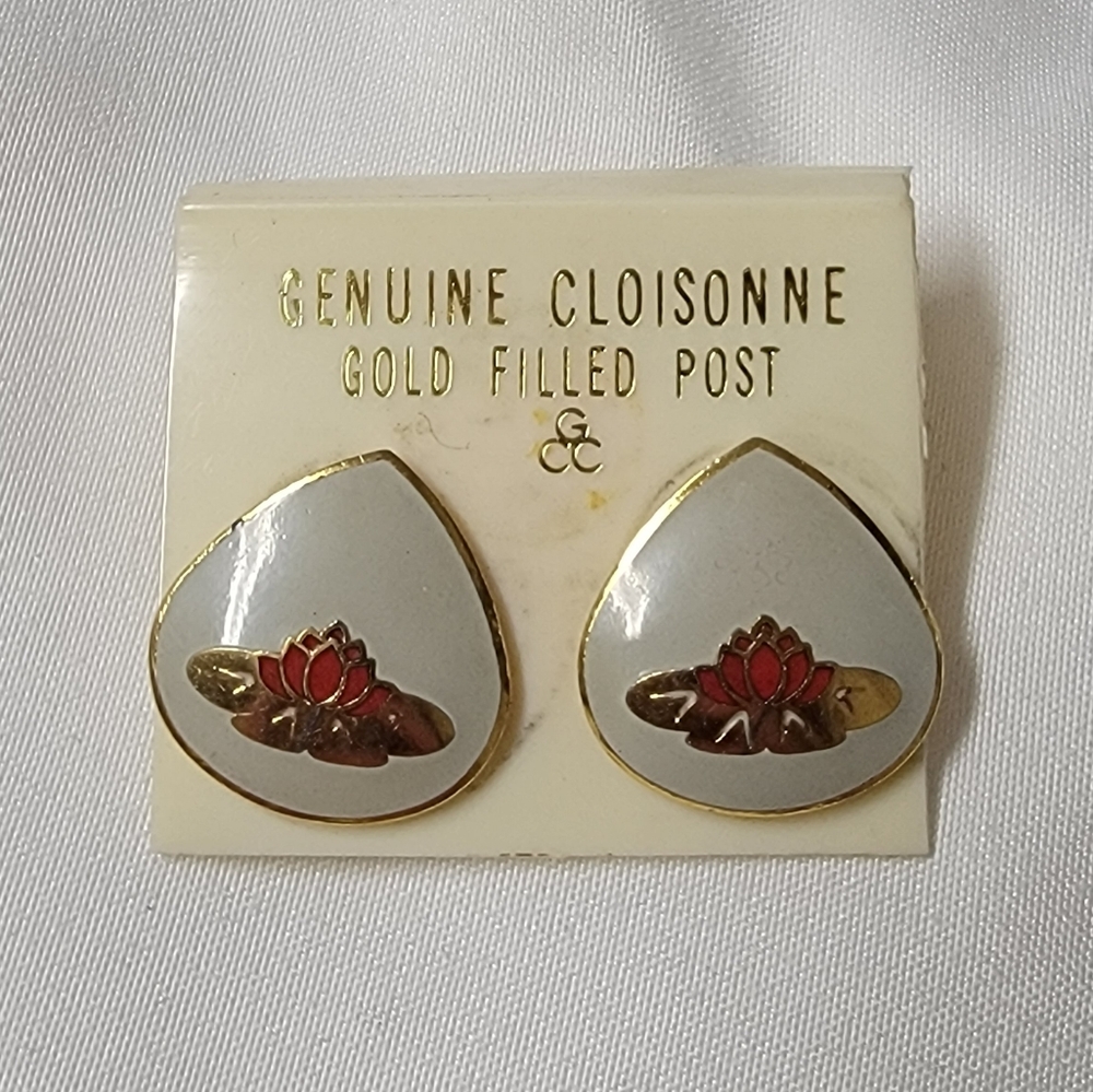 Vintage Genuine Cloisonne Earrings Water Lily Lotus Flower Gold Filled - Picture 2 of 6